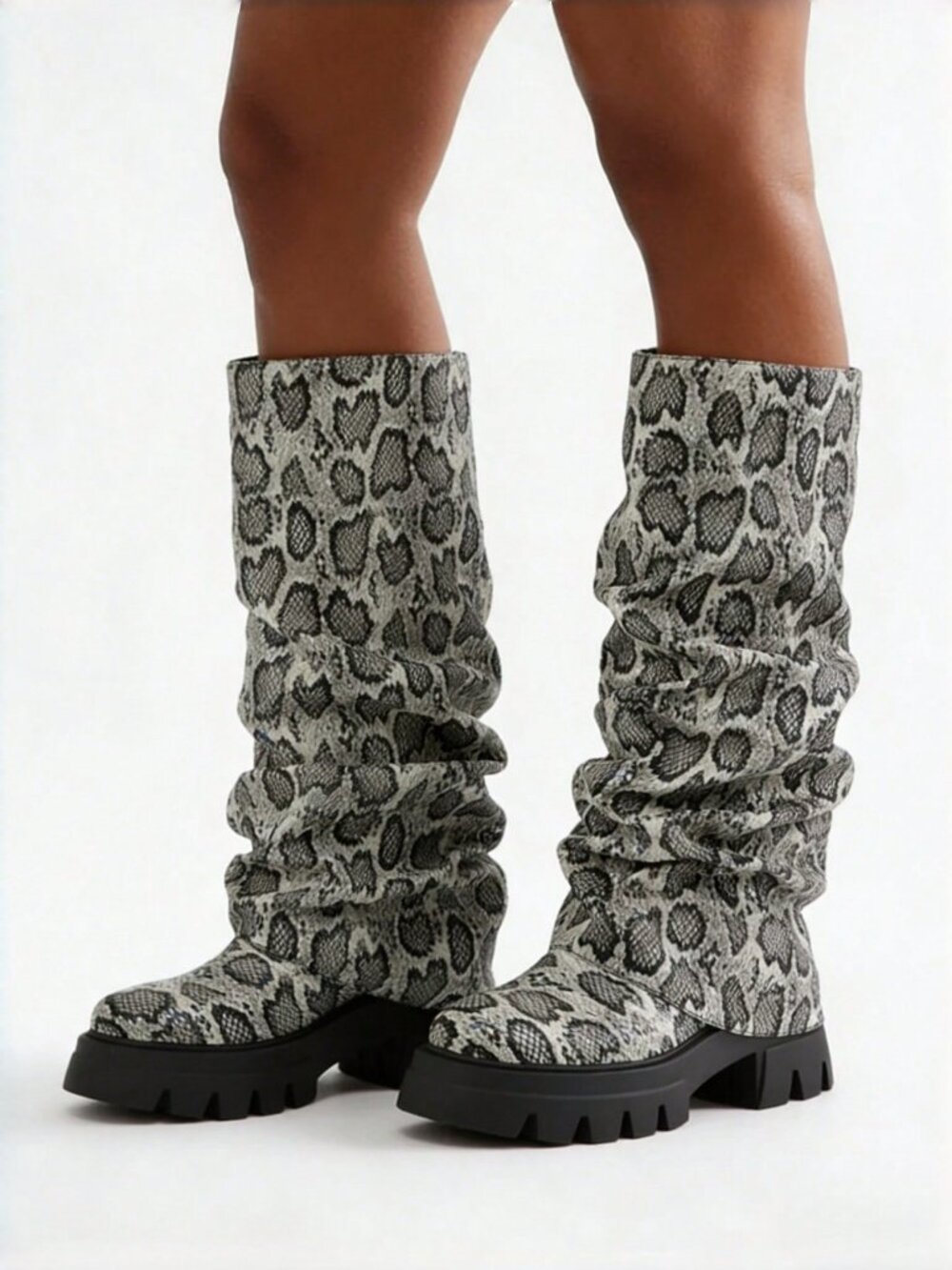 Snakeskin Women's Platform Slouchy Knee High Slip-On Boots - Picture 7 of 10